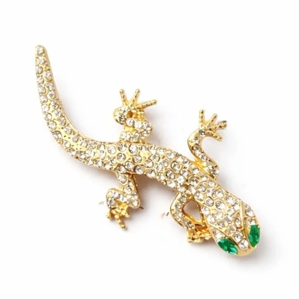 White Rhinestone Lizard W/ Green Eyes Brooch Gold Tone Metal Accent Pin 2